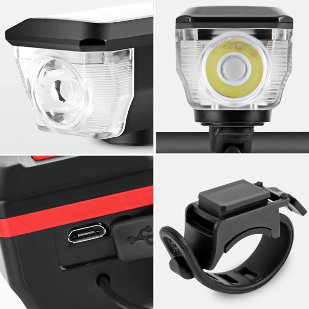 Far LED cu incarcare solara si claxon pentru bicicleta/trotineta