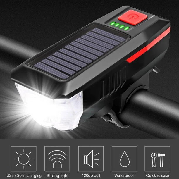Far LED cu incarcare solara si claxon pentru bicicleta/trotineta