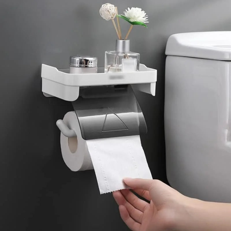 Suport pentru hartie igienica cu raft de depozitare pentru telefon sau accesorii de baie