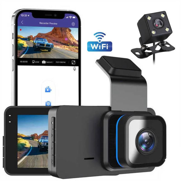Cameră Auto de Bord cu WiFi Full HD 1080P – Cameră Dublă Față + Spate, Night Vision