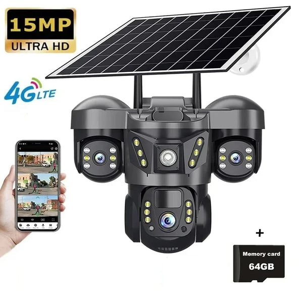 Camera de Supraveghere cu panou solar,3 lentile,4G slot sim,Ultra HD,15MP Zoom 10X,PTZ,8K,Comunicare Bidirectionala, Alarma, Senzor Miscare,card 64GB cadou