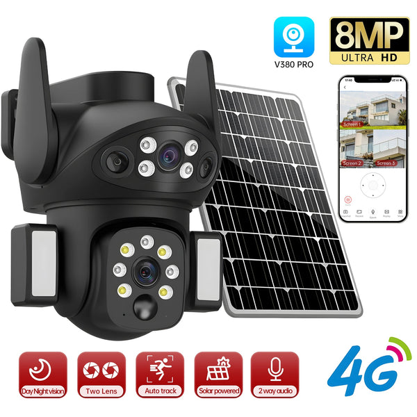 Cameră de Supraveghere Solară 4G Dual Lens 8MP UHD, PTZ 355°, Audio Bidirecțional,senzor de miscare,Vedere Nocturnă Color