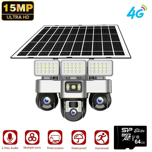 Cameră de Supraveghere Solară 4G PTZ cu 3 Lentile – 15MP Ultra HD, Viziune Nocturnă Color, Baterie 16000mAh,card 64GB cadou