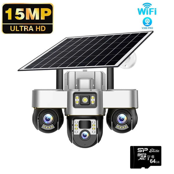 Cameră de Supraveghere Solară WIFI PTZ cu 3 Lentile – 15MP Ultra HD, Viziune Nocturnă Color, Baterie 16000mAh,card 64GB cadou