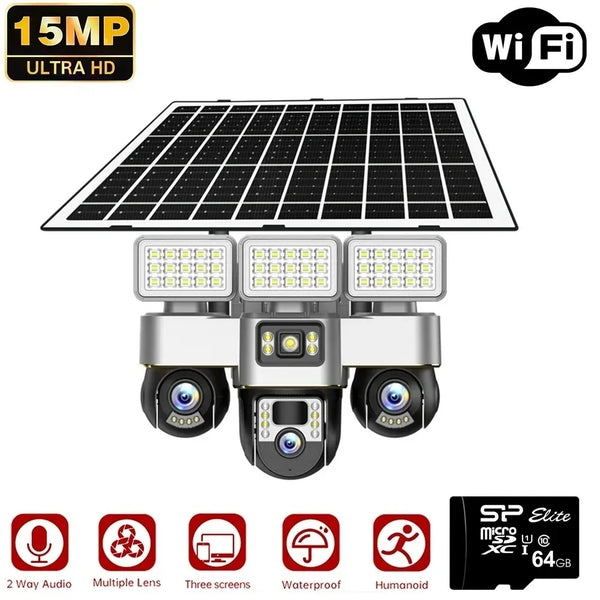 Cameră de Supraveghere Solară WIFI,PTZ cu 3 Lentile – 15MP Ultra HD, Viziune Nocturnă Color, Baterie 16000mAh,card 64GB cadou
