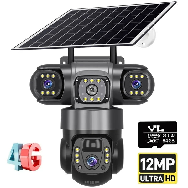 Camera de Supraveghere Tripla,cu panou solar,4G cartela sim,Ultra HD,12MP Zoom 10X,PTZ,8K,Comunicare Bidirectionala, Alarma, Senzor Miscare,card 64GB cadou
