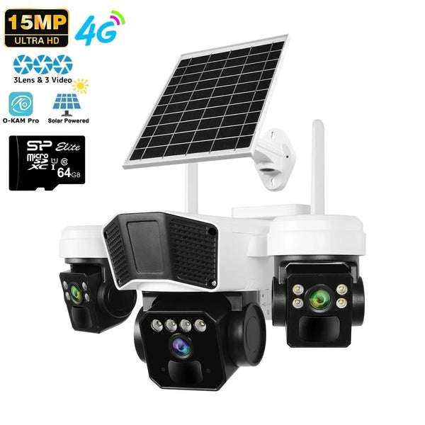 Camera de Supraveghere tripla,4G/cartela sim,cu Panou Solar, Ultra HD 15MP,PTZ,Audio Bidirectional, Alarma, Senzor Miscare,Card 64GB Cadou