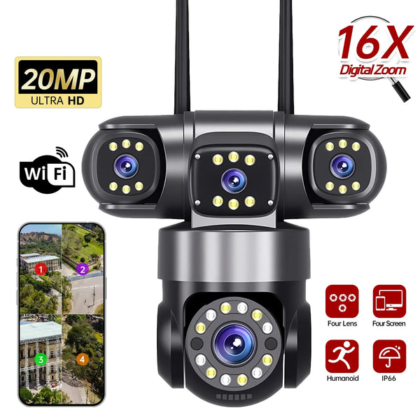 Camera de supraveghere WIFI,4 camere in 1,Ultra HD,20 MP,8K PTZ Inteligent,Night Vision Color,card 64GB cadou