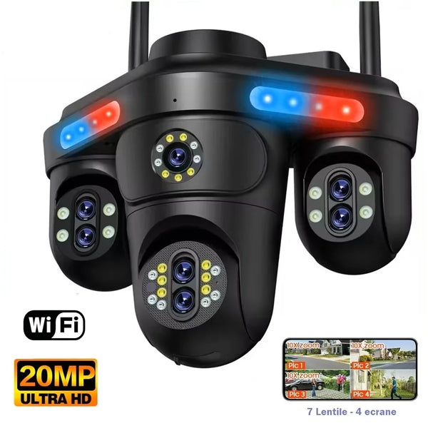 Camera de supraveghere WiFi inteligenta 360° cu 7 lentile, 4 camere PTZ controlabile din aplicatie – 20MP, vedere nocturna color, AI detectie miscare,card 64GB cadou