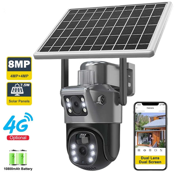 Camera de supraveghere cu panou solar,4G slot sim ,senzor de miscare,lentile duble,4K HD 8MP