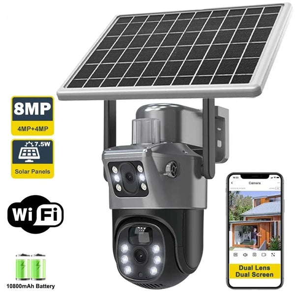 Camera de supraveghere cu panou solar,WIFI,senzor de miscare,lentile duble,4K HD 8MP