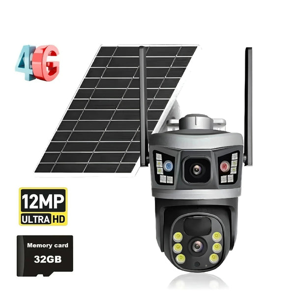 Camera de supraveghere cu panou solar,slot sim,senzor de miscare,lentile duble,6K HD 12MP,card 32GB cadou