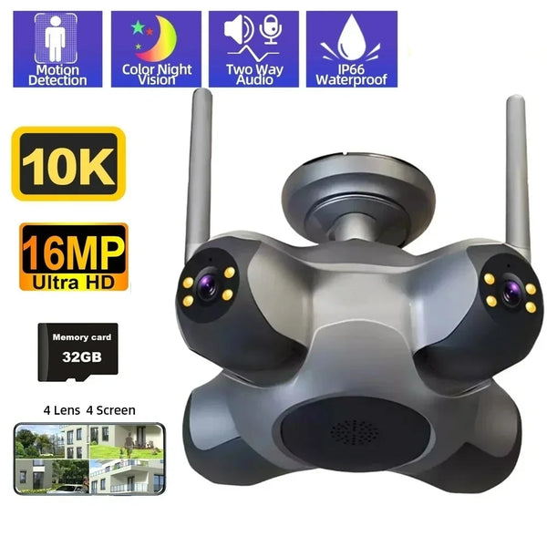 Camera de Supraveghere 4 in 1,WiFi,Ultra HD,16MP Zoom 10X,PTZ,10K,Comunicare Bidirectionala, Alarma, Senzor Miscare,card 32GB cadou