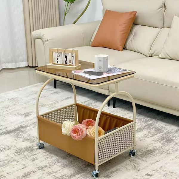 Masuta portabila cu compartiment pentru depozitare, blat din sticla, cadru metalic, 56 x 55 x 36 cm, alb