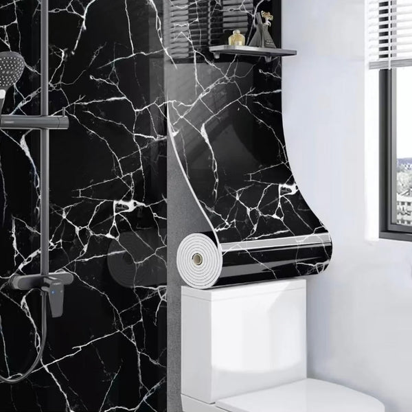 Rola Tapet Autoadeziv, design tip marmura, impermeabila, 300 x 45 cm,negru cu alb
