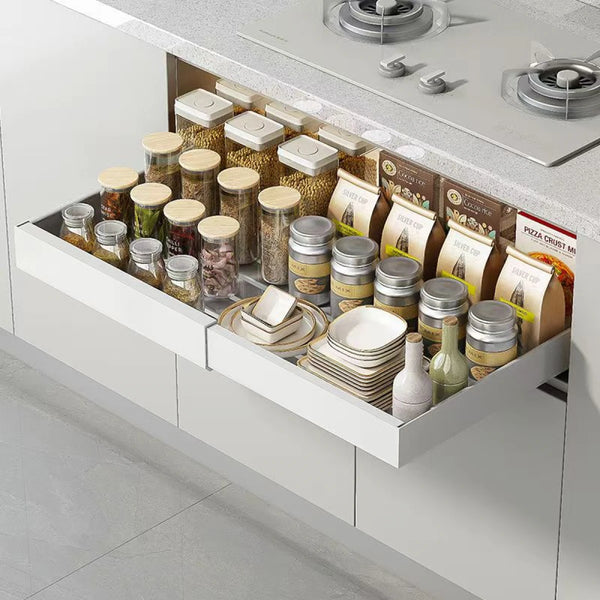 Sertar extensibil din metal cu 3 glisiere autoadezive, extragere 80%, 31-50 cm x 42 cm x 6 cm, alb