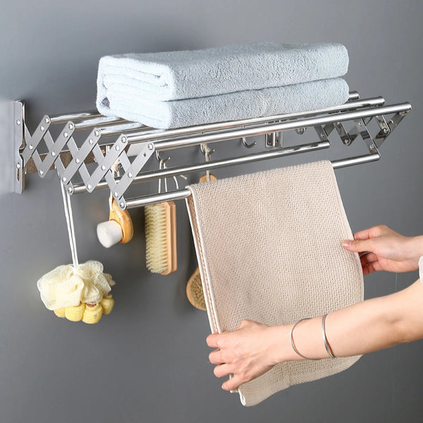 Suport pliabil pentru prosoape, inox, 7 bare, 5 carlige, 12-35.5 cm x 58 cm x 14.5 cm