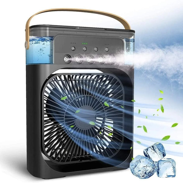 Ventilator portabil 3 în 1 cu pulverizare: racorire, umidificare și iluminare în 7 culori