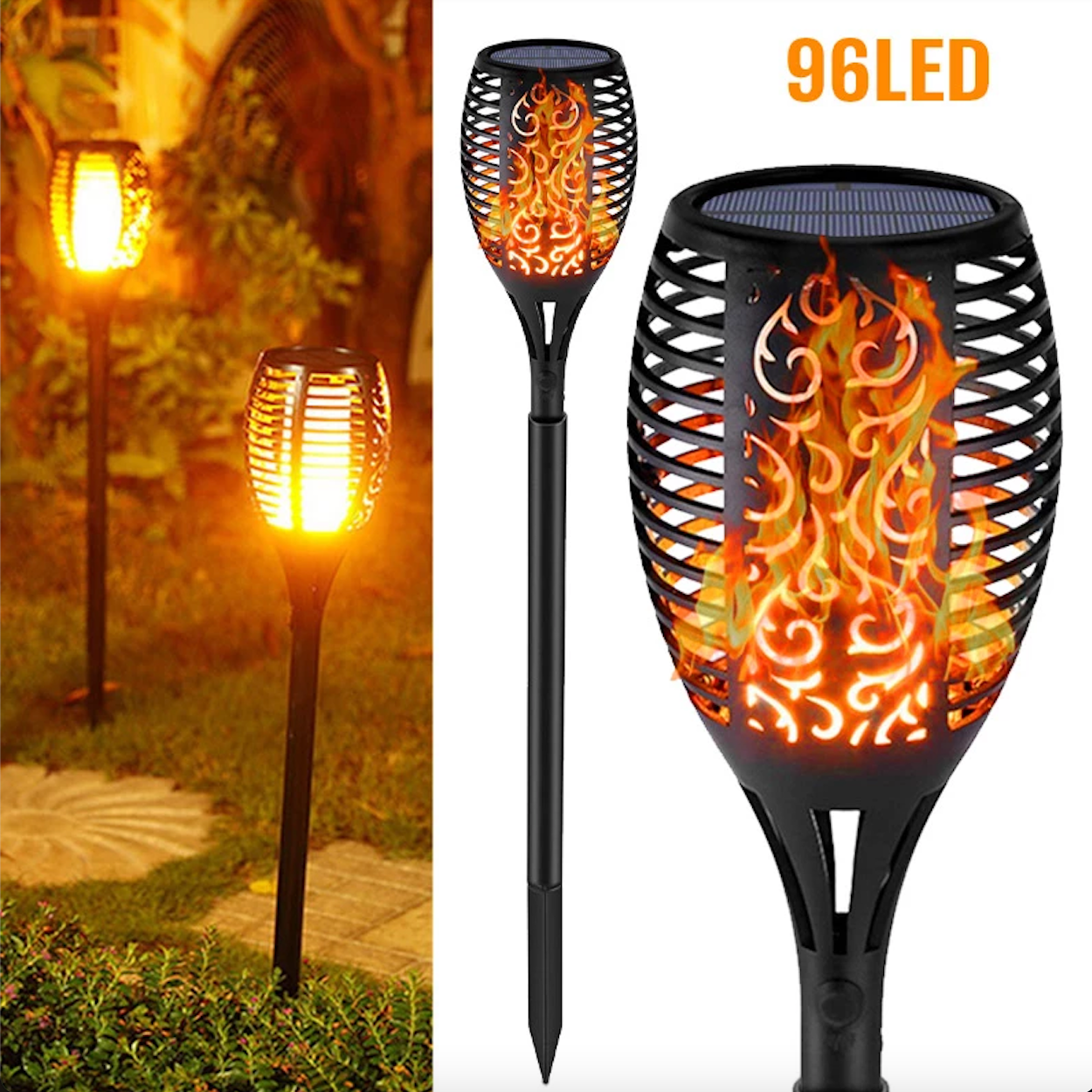 Set 4 x Lampa solara torta cu efect de Flacara, 96 LED, 62 cm H - Shopmix