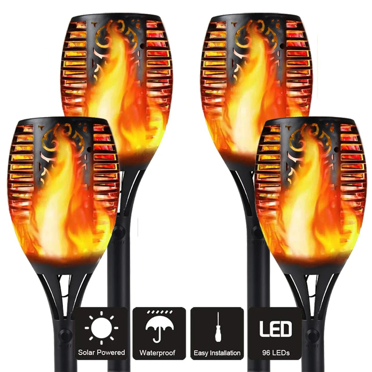 Set 4 x Lampa solara torta cu efect de Flacara, 96 LED, 62 cm H - Shopmix